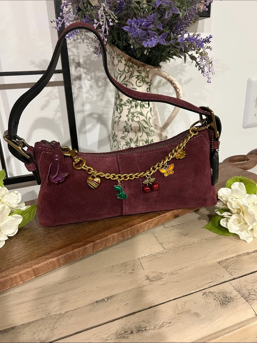 Coach Burgundy Suede Shoulder Bag with Gold Charm Chain